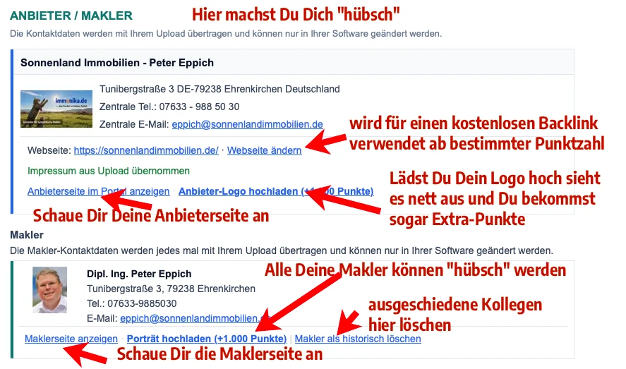 Anbieter- und Makler-Bereich: Logo, Porträt und Profil-Links