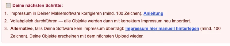 Import-Bericht: Link Impressum hier manuell hinterlegen in der roten Mangel-Box