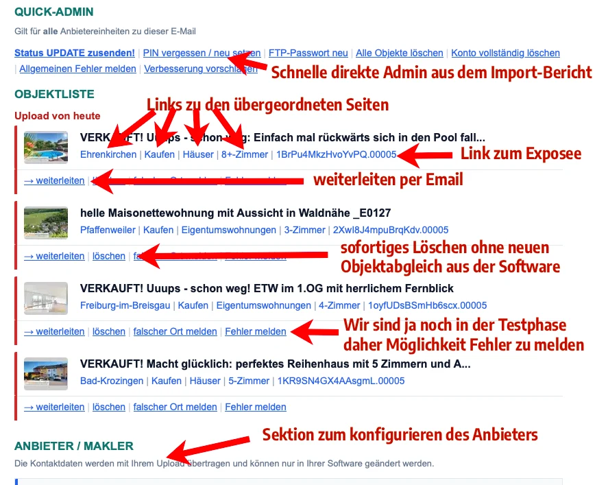 Komfort-Objektliste im Import-Bericht mit Objekt-Aktionen